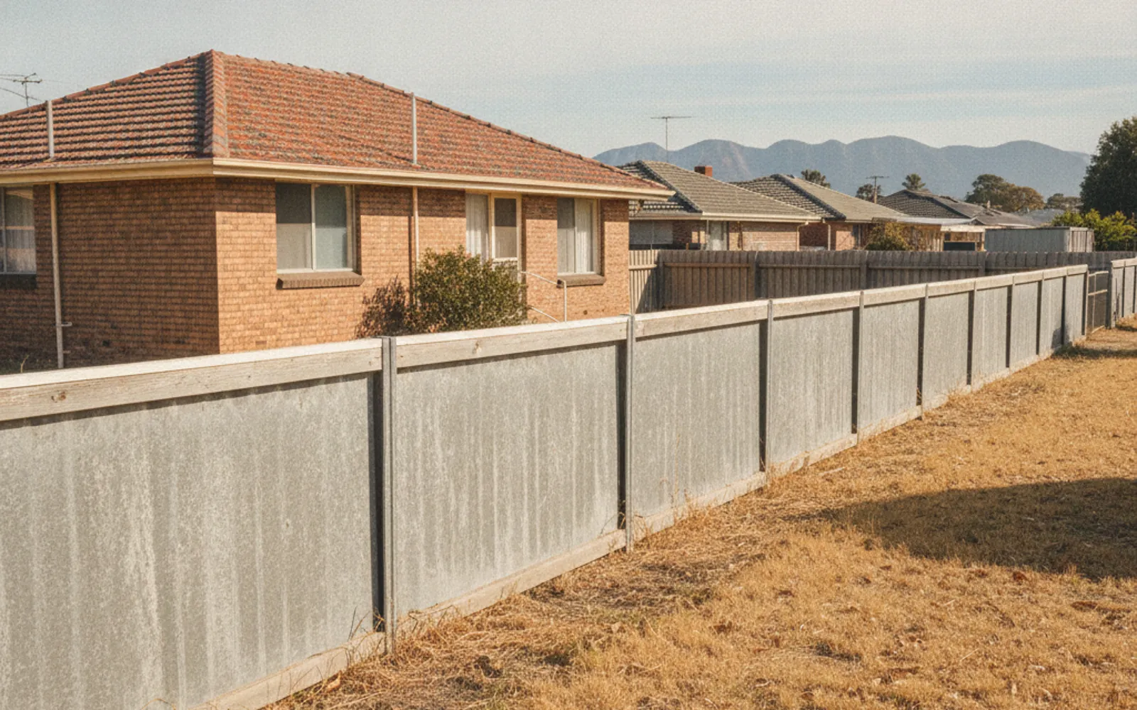 Weathered grey fibre cement boundary fence in a suburban Geelong backyard