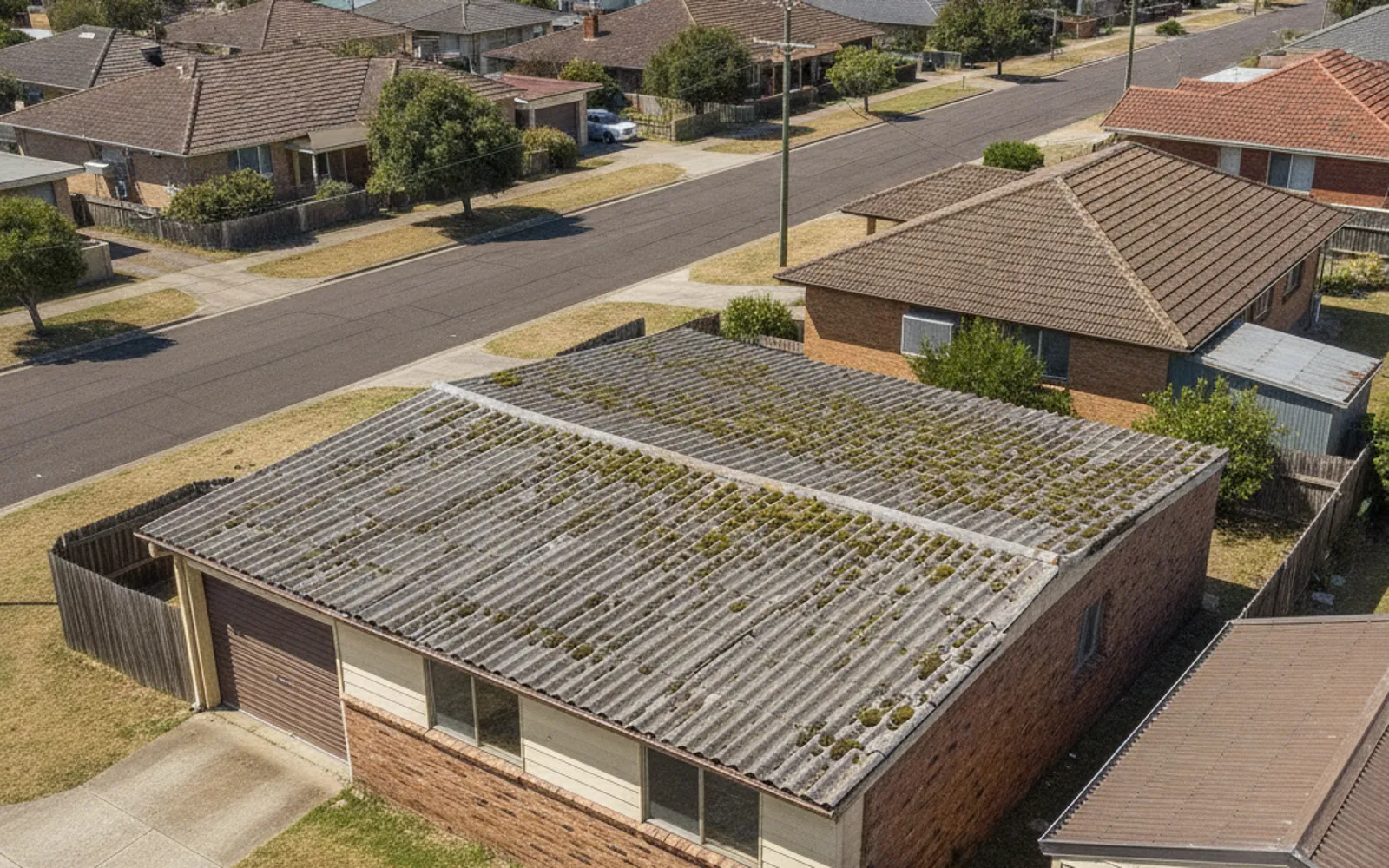 Corrugated fibre cement roof sheeting on a suburban garage, weathered and moss spotted