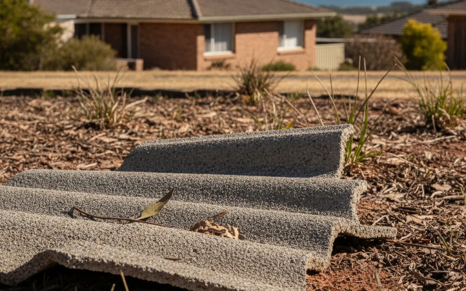 Broken fibre cement roof sheet fragment lying in a garden bed