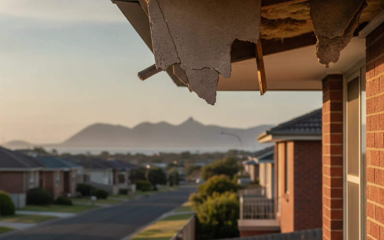 Damaged eaves lining under the roofline of an older suburban house